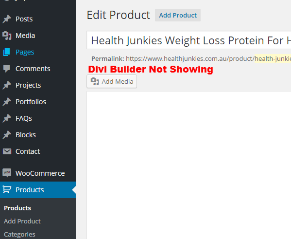 Divi builder not showing for wooCommerce products
