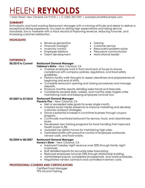 restaurant manager resume  livecareer
