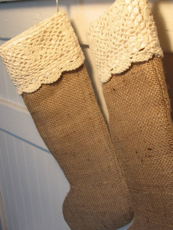 RESERVED for Slavia: VANILLA ICING - Two Burlap Christmas Stockings with Creamy Colored Lace