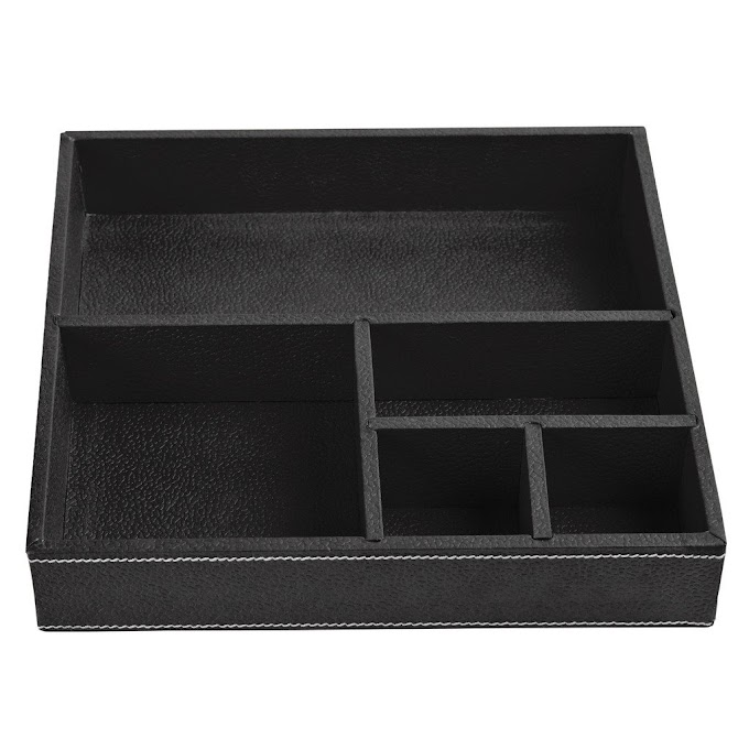 Ecoleatherette Handcrafted Eco-Friendly Desk Organizer 5 Compartment Office Stationery Tray Drawer organiser (Black Colour)