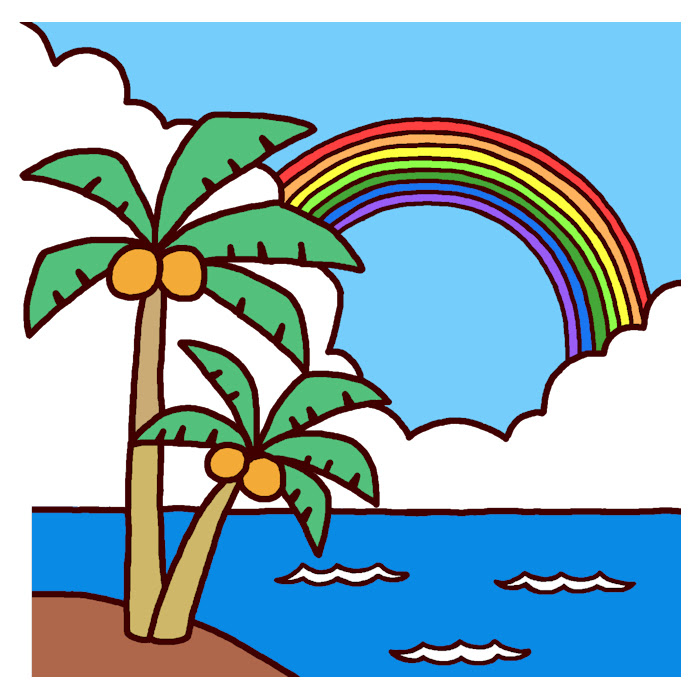 ヤシの木と虹 カラー 海の無料イラスト 夏の季節素材
