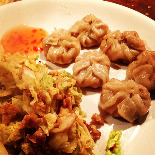Chickpea mushroom potstickers and spicy sautéed cabbage with walnuts #vegan