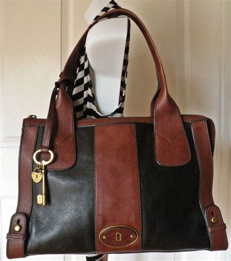 fossil large black brown leather weekender tote shoulder