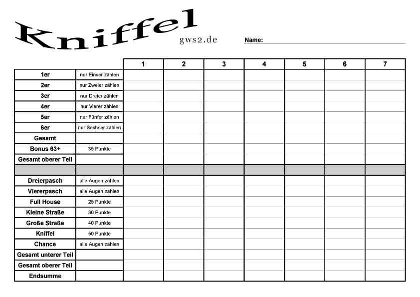 Kniffelblock Zum Ausdrucken Din A4 - Kniffel Vorlage - Kniffel Gewinnkarte zum Ausdrucken ...