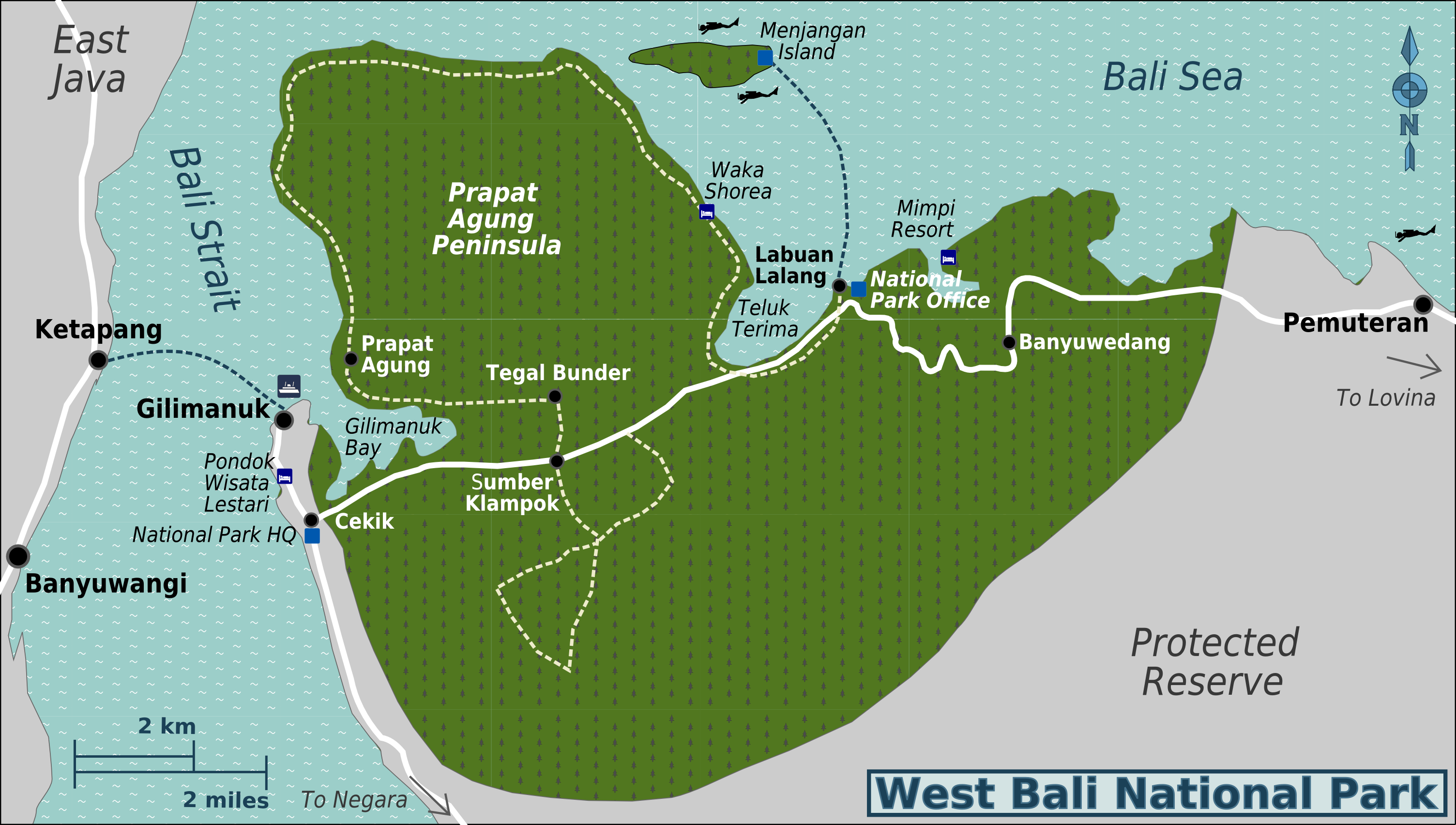 Detail West Bali National Park Location Map for Visitor,Location Map of West Bali National Park,West Bali National Park Accommodation Hotels Destinations Attractions Map,Banyuwedang area, Cekik area, Gilimanuk area and  and Prapat Agung Peninsula,the menjangan west bali national park maps