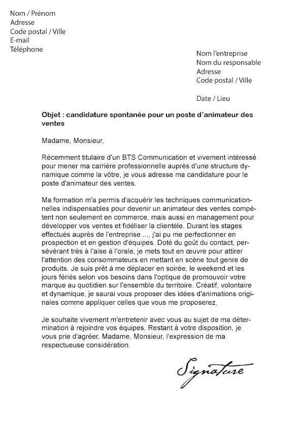 Lettre de motivation Animateur des ventes - Modèle de Lettre