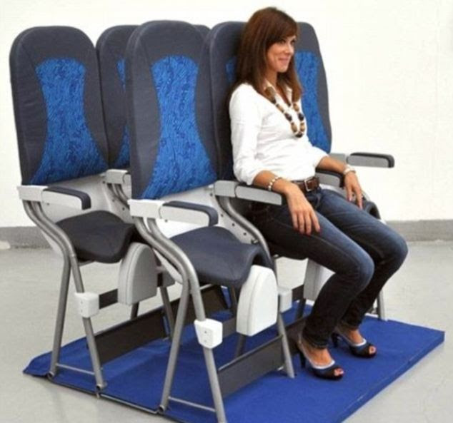 The 'Skyrider', a seat first proposed in 2011, shows how thwe concept could look. Passengers sit at an angle with just 23 inches of legroom between them and the seat in front - a whopping seven inches less than the current average seat pitch of around 30 inches.