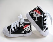 Boys Pirate Shoes, Baby and Toddler, Skull and Crossbones, Hand Painted, Black Hi Top Sneakers - boygirlboygirldesign