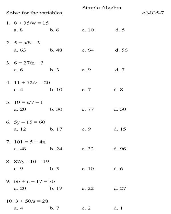 BlueBonkers - Algebra - Multiple Choice - P7 : free printable ...