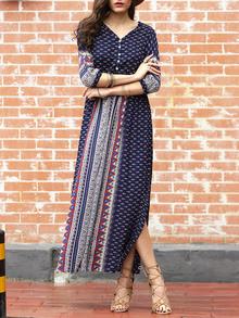 Navy Half Sleeve Vintage Print Split Maxi Dress