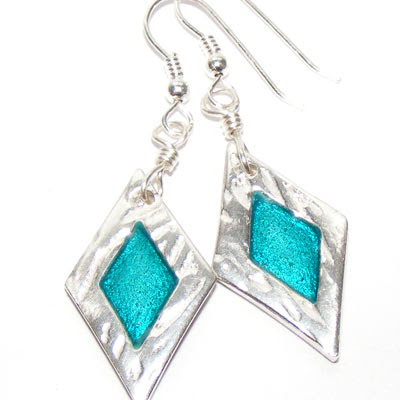 Fine silver diamond shaped enamelled earrings