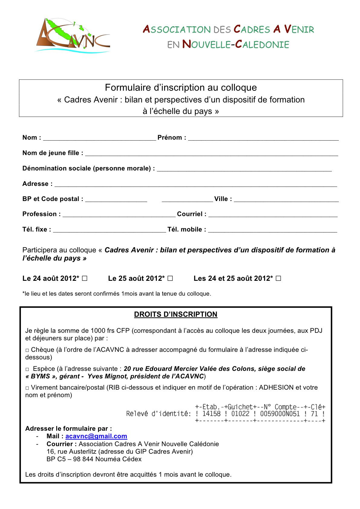 Formulaire d'inscription au colloque - Association Cadres A Venir