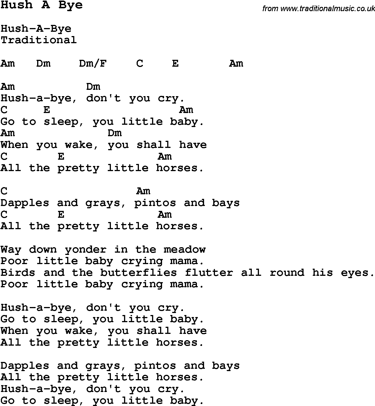 Traditional Song Hush A Bye With Chords Tabs And Lyrics