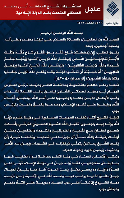 Adnani, Juru Bicara ISIS Terbunuh di Aleppo