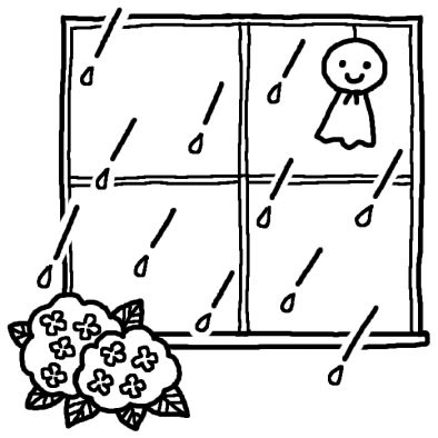 てるてるぼうずとアジサイ 梅雨 夏の季節 6月の行事 無料 白黒イラスト素材
