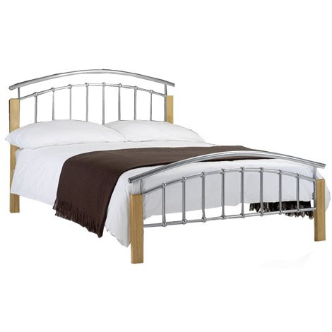 3FT Single Metal Bed Frame - Solid Oak Legs - Curved Headboard and Foot End - Slatted Base