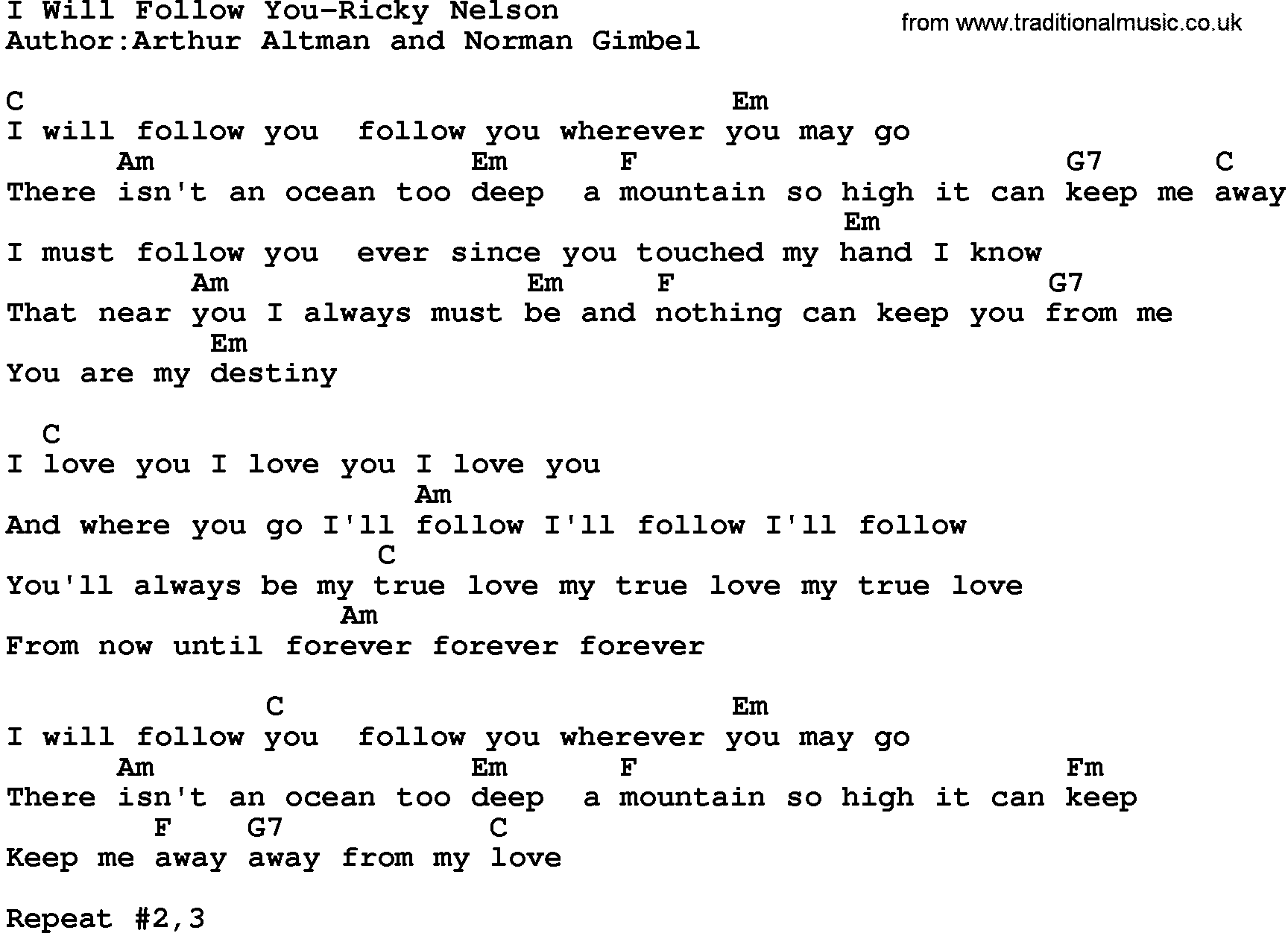 Country Music I Will Follow You Ricky Nelson Lyrics And Chords