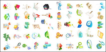 Balloons, blocks, gifts, pencils, chairs, clocks,  keys, magic wand, lotus, seed icon