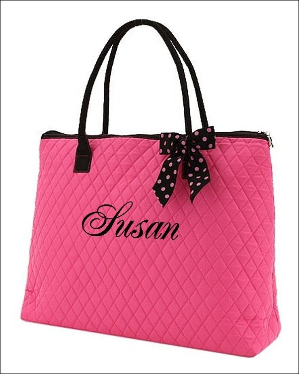 Personalized Quilted Large Tote Bag - Hot Pink and Black