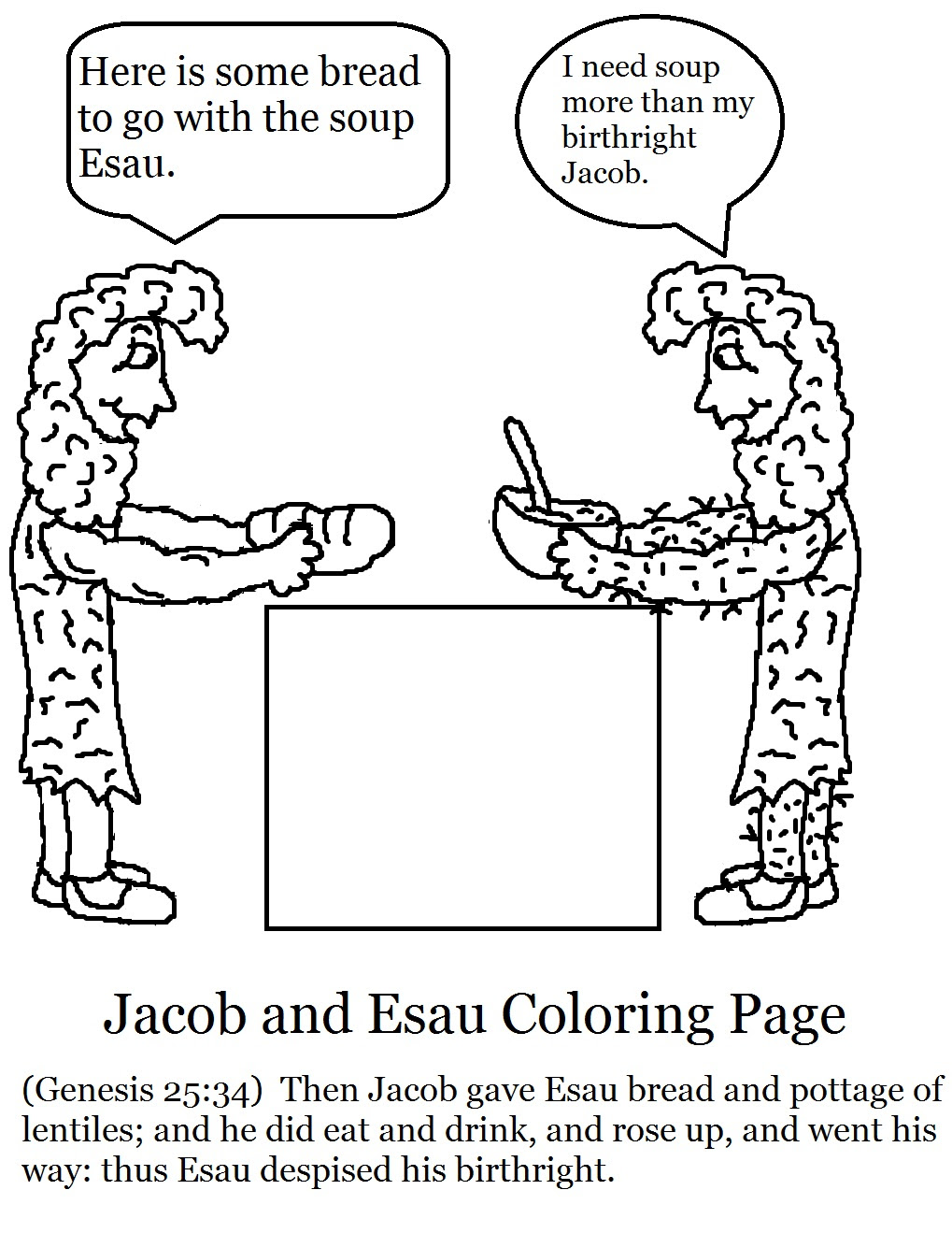 Colouring page of Jacob Esau and soup at