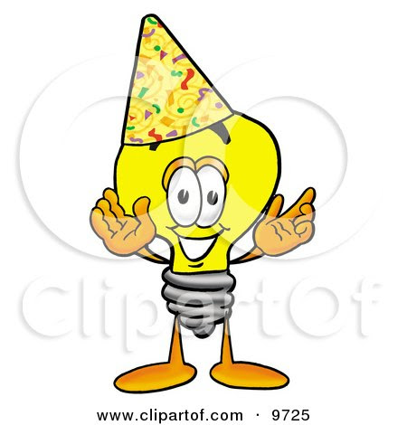 Birthday Party Characters on Light Bulb Mascot Cartoon Character Wearing A Birthday Party Hat