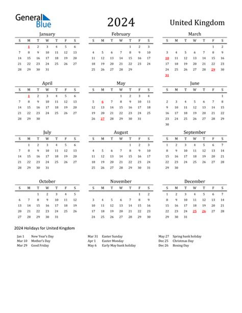  2024 united kingdom calendar with holidays