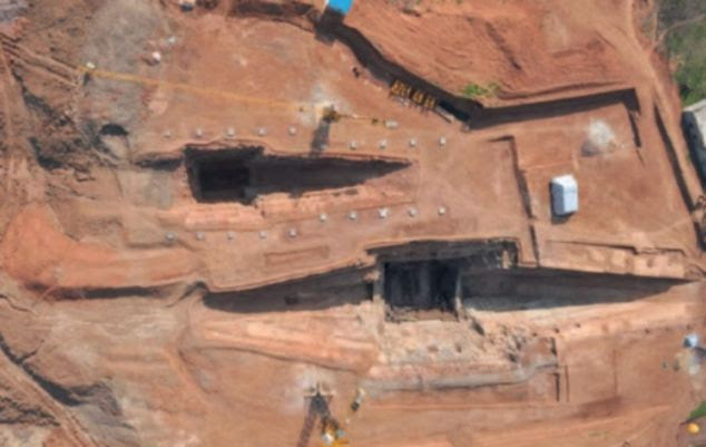 An elaborate mausoleum that was built for king Liu Fei, who ruled Jiangdu 2,100 years ago, has been unearthed in China. It contains three tombs as well as pits housing the chariots and weapons, where archeologists found more than 10,000 precious artefacts. The tomb of Liu Fei is shown at the bottom of the image