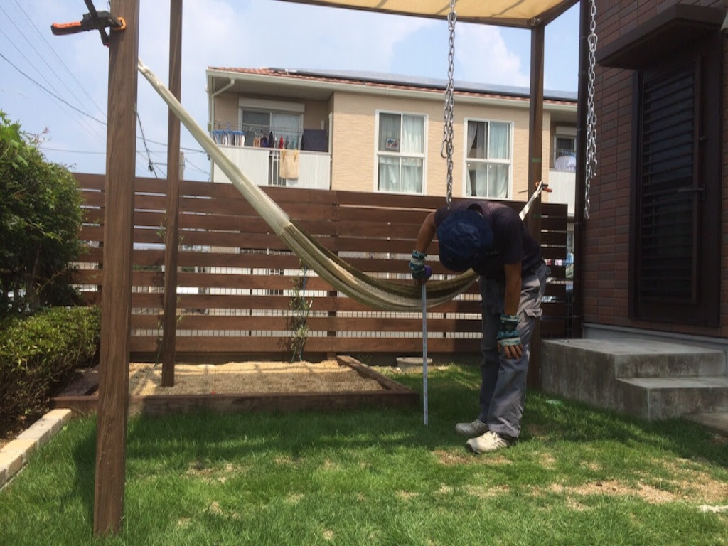 浜松市 ハンモック シェード パーゴラ エクステリア 照明 人感センサー 南天園のオシゴトブログ