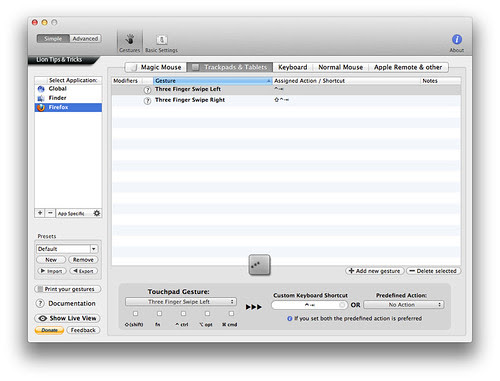 Firefox 3 fingers swipe setting