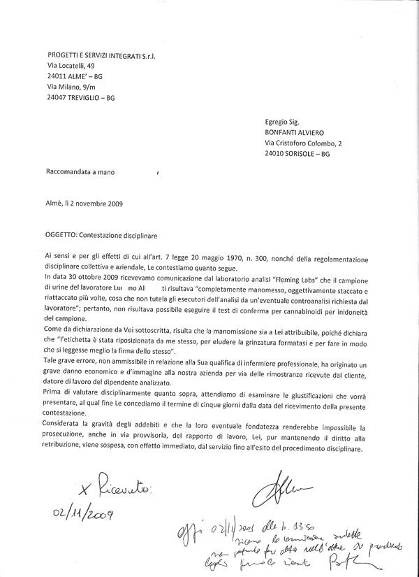 Lettera licenziamento disciplinare assenza ingiustificata