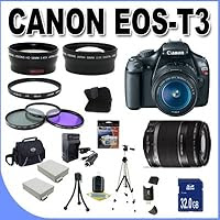 Canon EOS Rebel T3 12.2 MP CMOS Digital SLR with Canon 18-55mm IS II Lens and Canon 55-250 IS Lens +58mm 2x Telephoto lens + 58mm Wide Angle Lens W/32GB SDHC Memory +2 Extra Batteries+AC/DC Charger +UV Filters+3 Piece Filter Kit+Case+Full Size Tripod+Accessory Kit !!