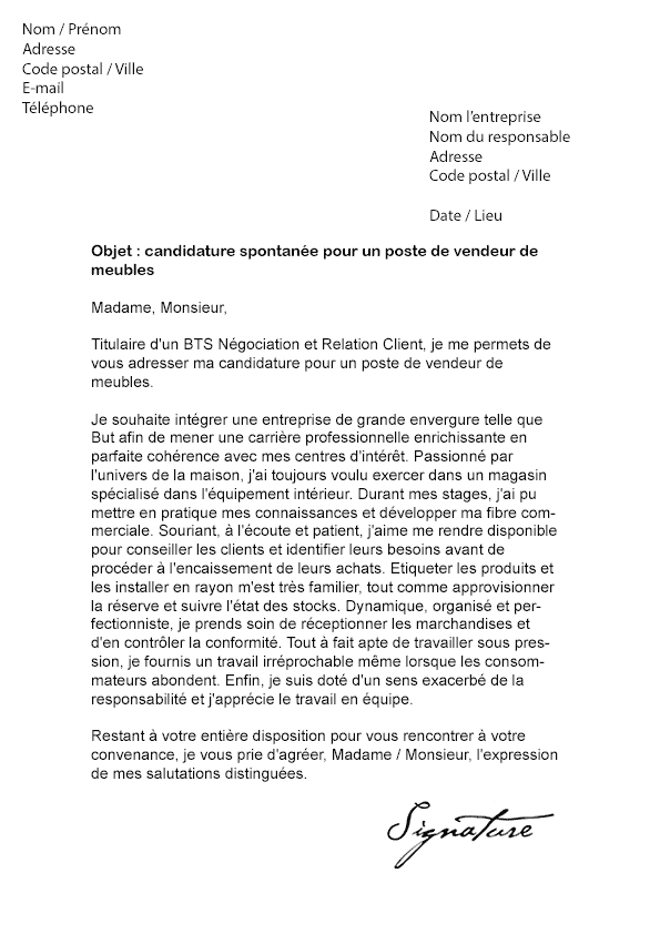 Lettre de motivation But (Vendeur de meubles) - Modèle de 