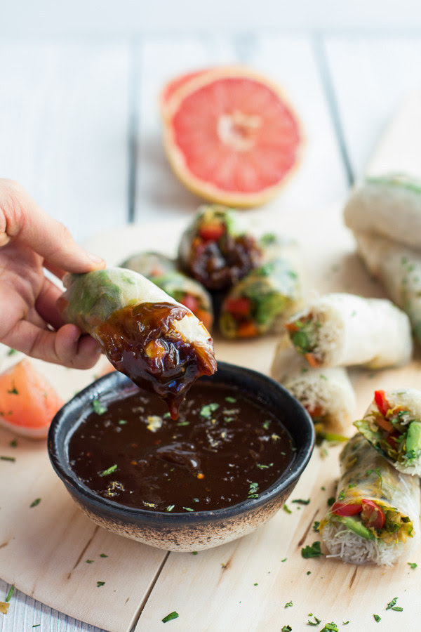 Brussels Sprout &amp; Avocado Winter Rolls with Grapefruit Hoisin Sauce