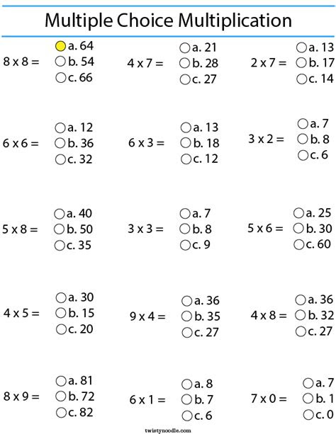  multiple choice multiplication math worksheet twisty noodle