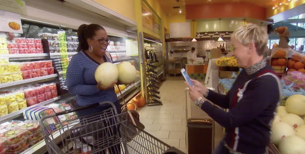 They traveled to the produce section, where Ellen had Oprah take a classic "melon boobs" picture, because melon boobs are always funny.