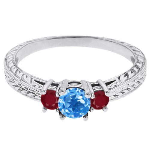 0.61 Ct Round Swiss Blue Topaz Red Ruby 14K White Gold 3-Stone Ring