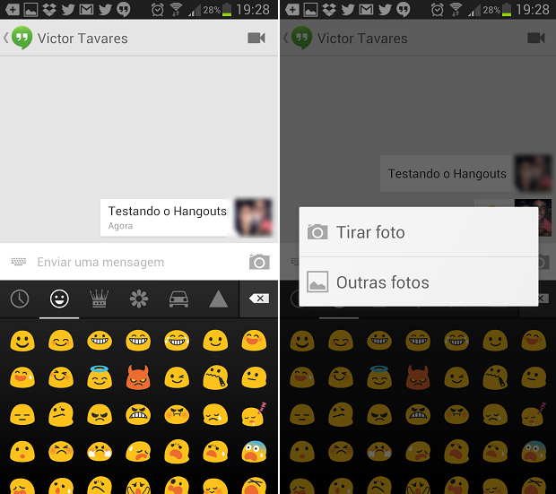 Na janela de conversa, é possível enviar emoticons e fotos (Foto: Reprodução/Thiago Barros)