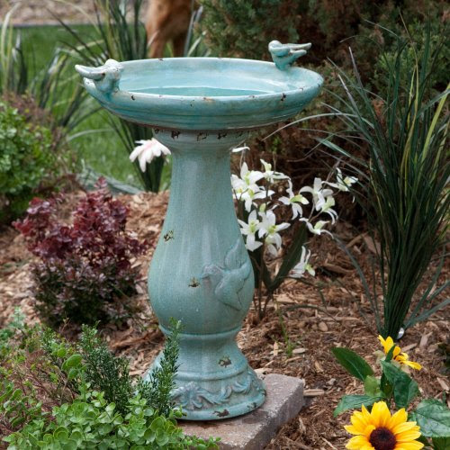 Antique Ceramic Bird Bath with Two Birds (Turquoise) (24