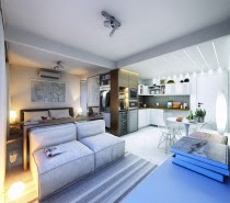The first apartment, from designer Felipe Campolina of ArchViz is a masculine take on small space design. The apartment is just 29 square meters (312 square feet) but still manages to include the conveniences necessary for a modern bachelor life.