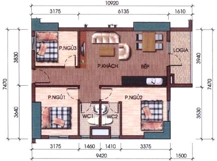 Thiết kế căn hộ 3 phòng ngủ chung cư HH2A Linh Đàm