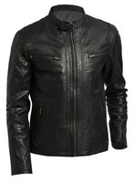 Men's Real Leather Black Jacket With Buckle Strap Collar