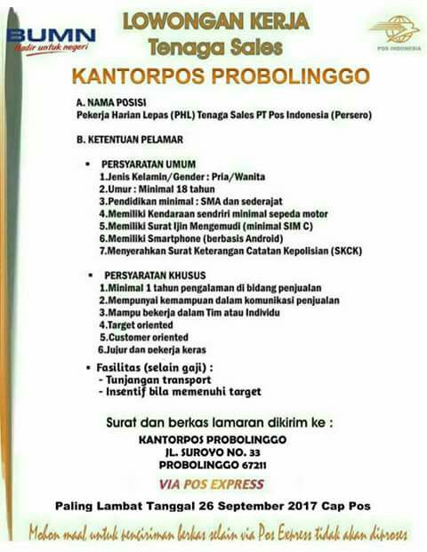 Lowongan Kerja Tenaga Sales Kantor Pos Probolinggo.