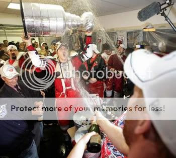Lockerroom celebration--Champagne Stanley Cup