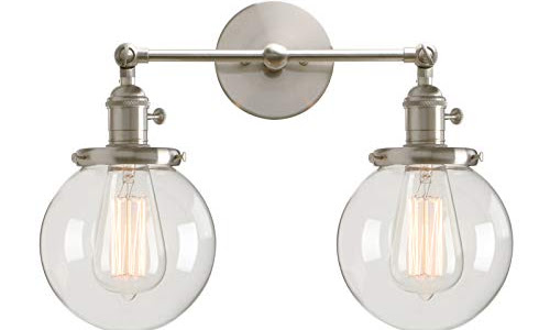 Flash Deals - 50% OFF Permo Double Sconce Vintage Industrial Antique 2-Lights Wall Sconces with Dual Mini 5.9" Round Clear Glass Globe Shade (Brushed)