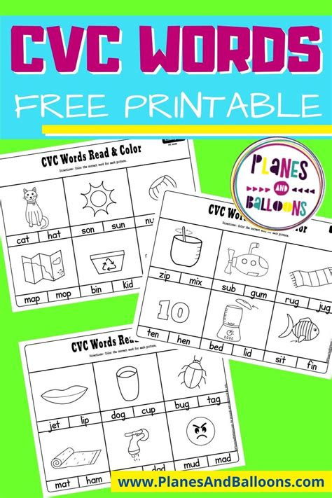 Bat, cat, fat, hat, mat, pat, rat, sat, vat, brat, chat, flat, . cvc words worksheet for kindergarten planes balloons cvc words