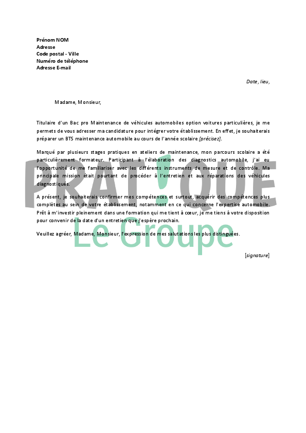 Lettre de motivation pour un BTS maintenance automobile Lettre de motivation pour un BTS maintenance automobile