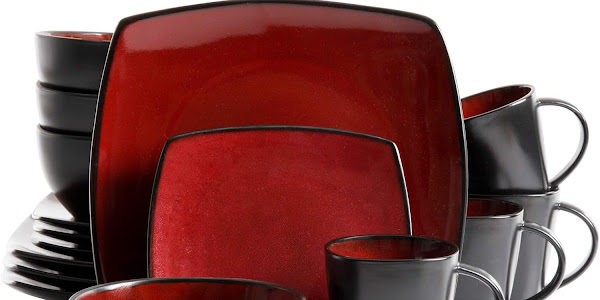 Gibson Soho Lounge 16-Piece Square Reactive Glaze Dinnerware Set, Red