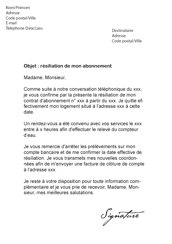 Lettre de résiliation Veolia (Eau) - Modèle de Lettre