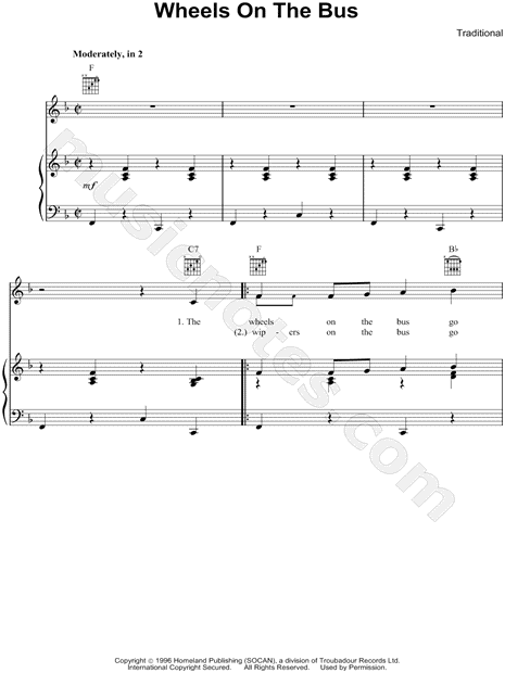 Raffi "Wheels on the Bus" Sheet Music in F Major ...