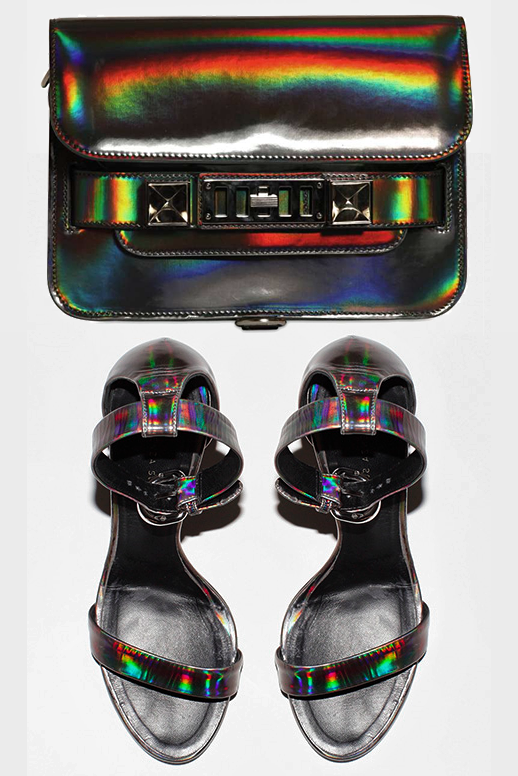 LE FASHION BLOG PROENZA SCHOULER METALLIC HOLOGRAM BAG ACCESSORIES PS11 MINI CLASSIC BAG CREDIT CARD CASE ZIP CASE STRAPPY HEELS SANDALS LA GARCONNE LUISAVIAROMA PS11 CLUTCH WALLET GLOSSY SHINY IRIDESCENT RAINBOW HOLOGRAPH HOLOGRAPHIC